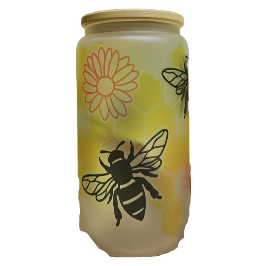 Bees and sunflowers 16oz Frosted Glass